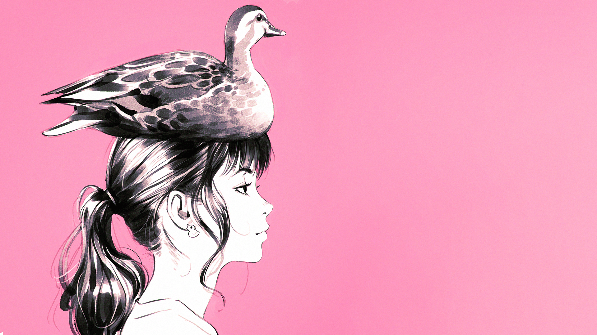 1920x1080 Download 1920x1080 Anime Girl, Duck On Head, Profile View, Semi
