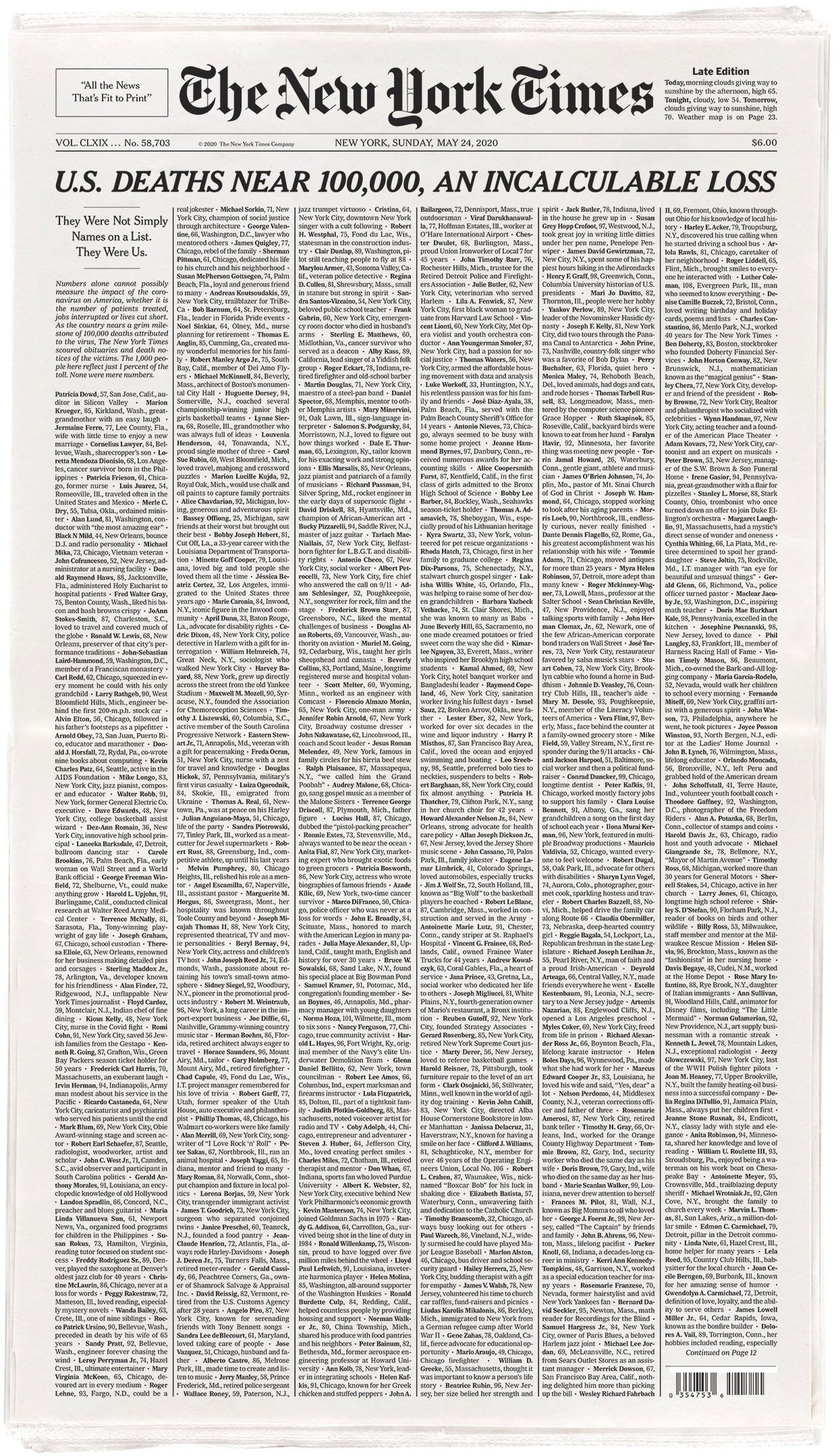 1242x2158 Incalculable Loss” front page of The New York Times for May 24th, 2020