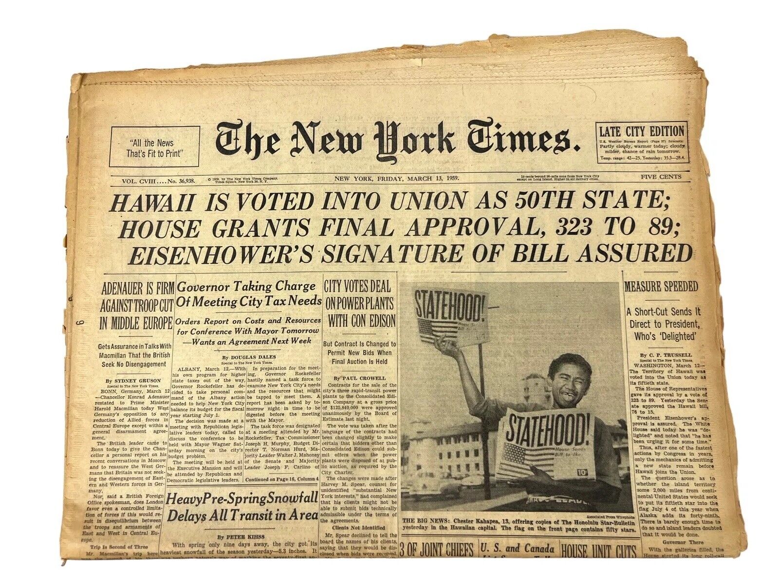 1600x1200 Vintage March 13 1959 HAWAII STATEHOOD 50th State NEW YORK TIMES NEWSPAPER