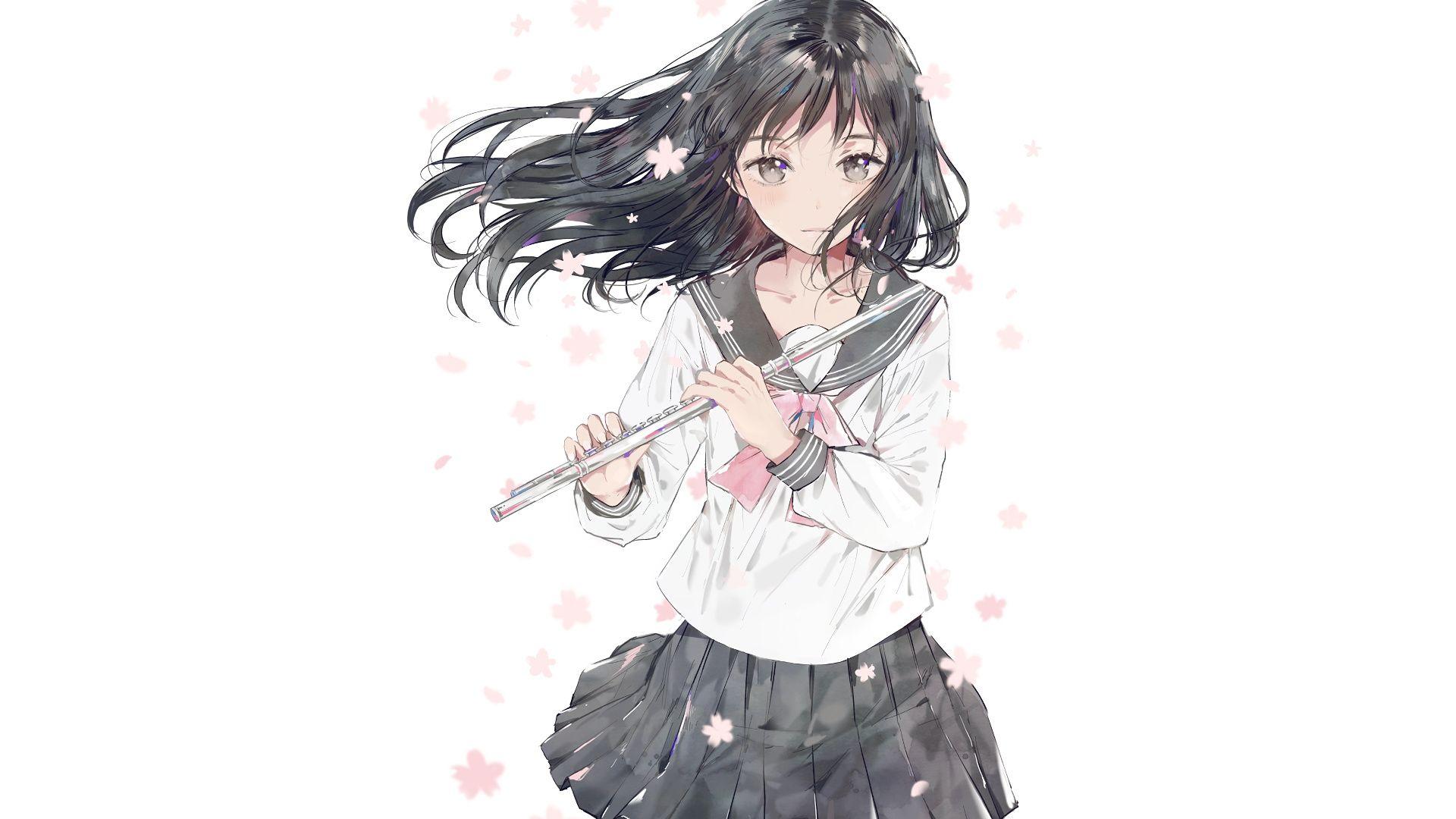 1920x1080 Wallpaper School Dress, Anime Girl, Flute Anime Girl
