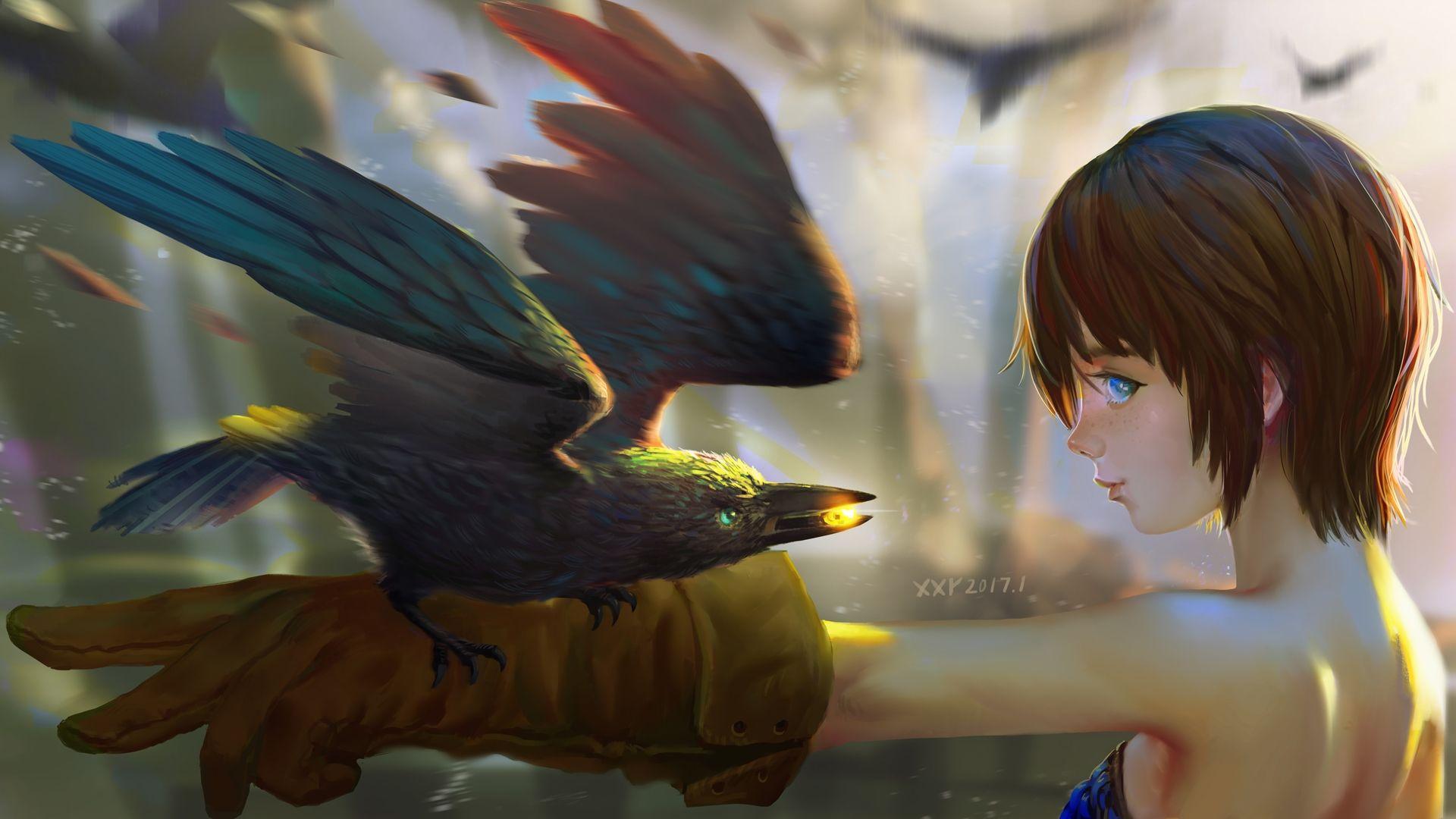 1920x1080 Download 1920x1080 Anime Girl, Short Hair, Semi Realistic, Crow