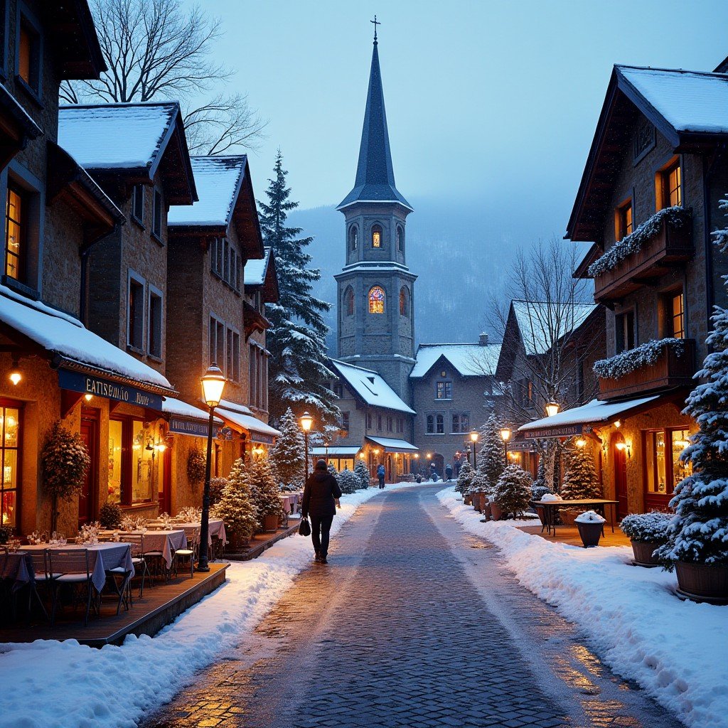 1024x1024 Megève Village Square in Golden Snowfall Light. Stable Diffusion Online