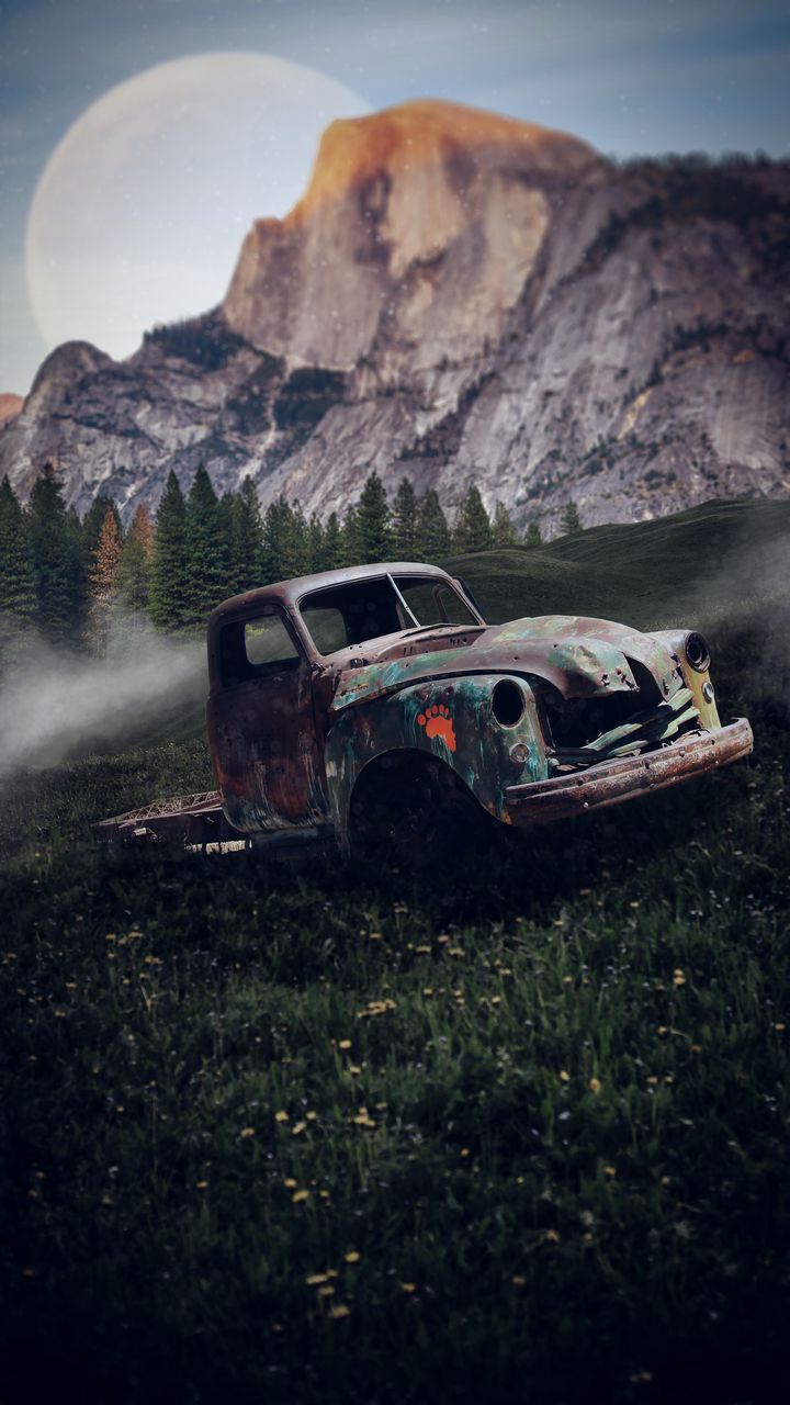 720x1280 Free HD wallpaper car, old, metal, mountains, grass, background HD for pc, mobile phone