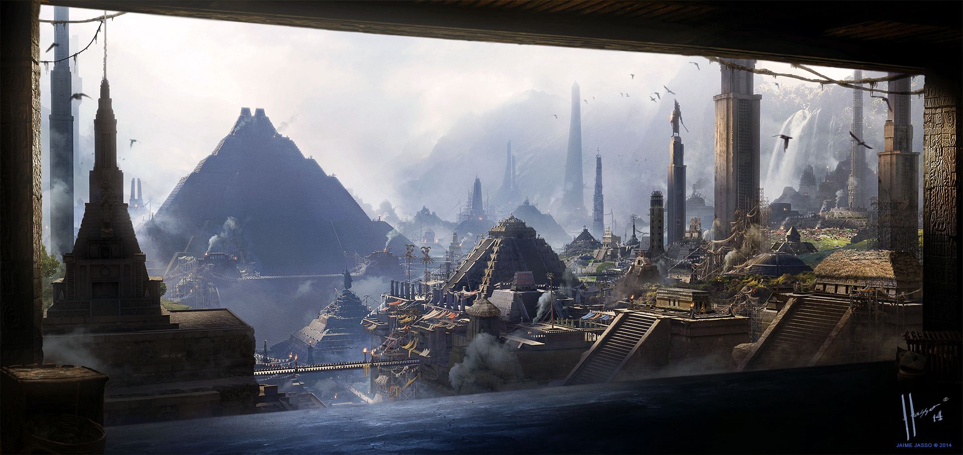 1920x908 Huey Altepetl: Majestic Aztec Empire City Amid Waterfalls and Mountains