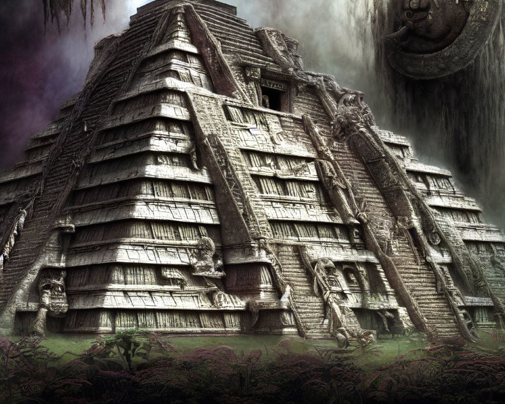 1000x800 image of A single Mesoamerican pyramid in a thickly forested rainforest wilderness landscape panorama scene of the Yucatan region. Deep Dream Generator