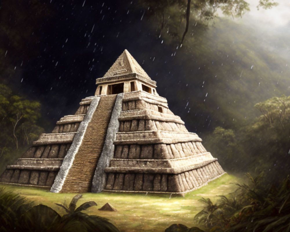 1000x800 image of A single Mesoamerican pyramid in a thickly forested rainforest wilderness landscape panorama scene of the Yucatan region. Deep Dream Generator