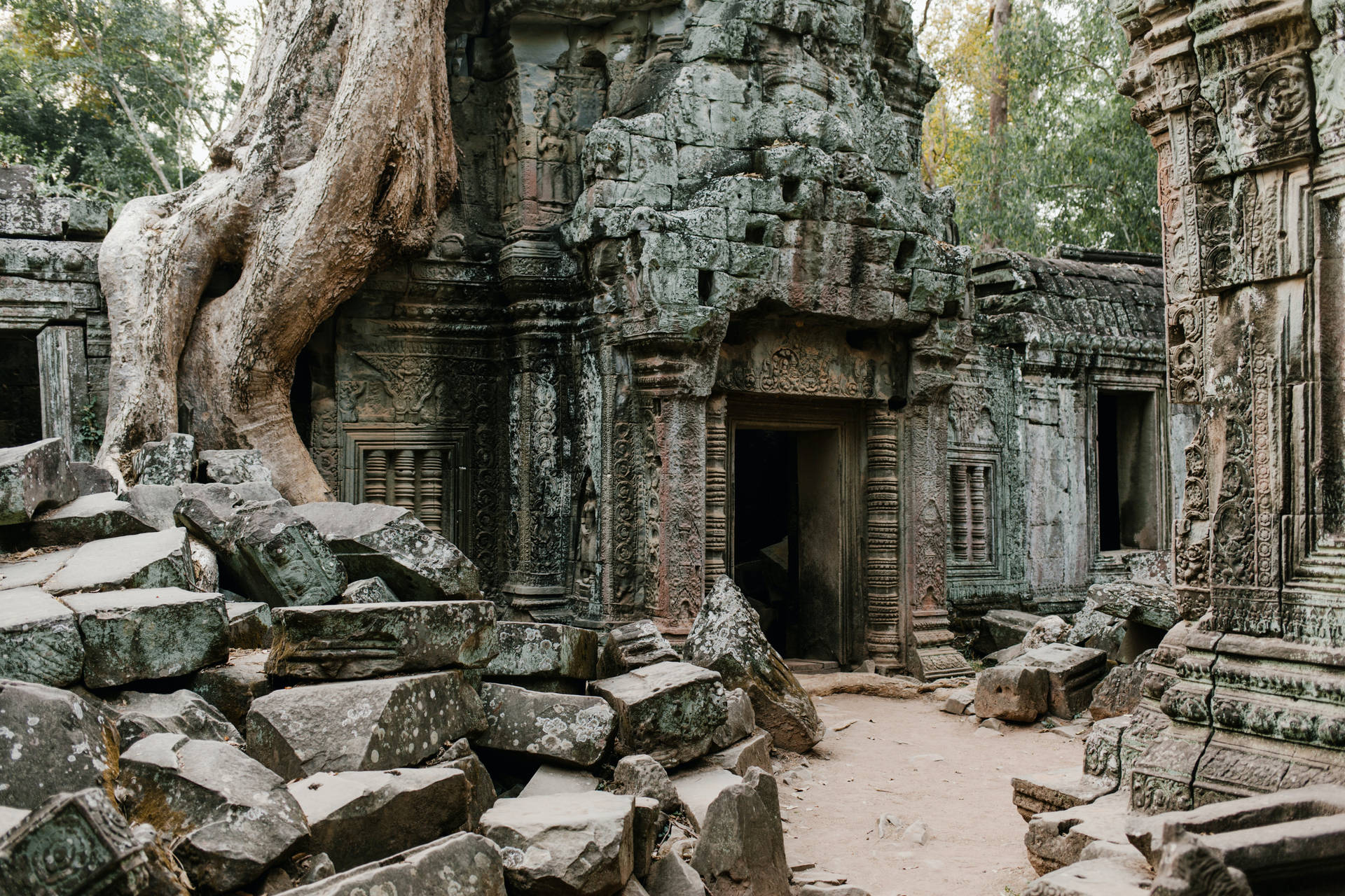 1920x1280 Download Overgrown Ruins Of Angkor Wat With Fallen Bricks Wallpaper