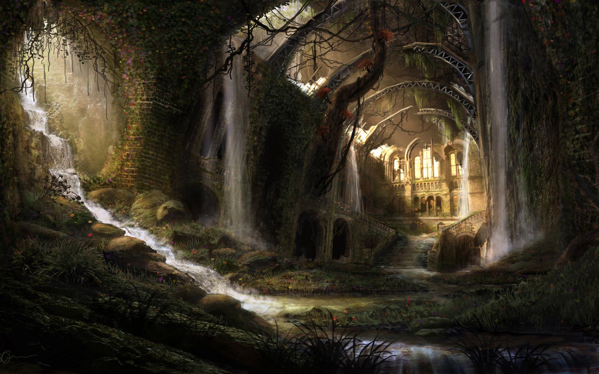 1920x1200 Waterfall Ruins: Sci Fi Post Apocalyptic HD Wallpaper By Matthew Moserum