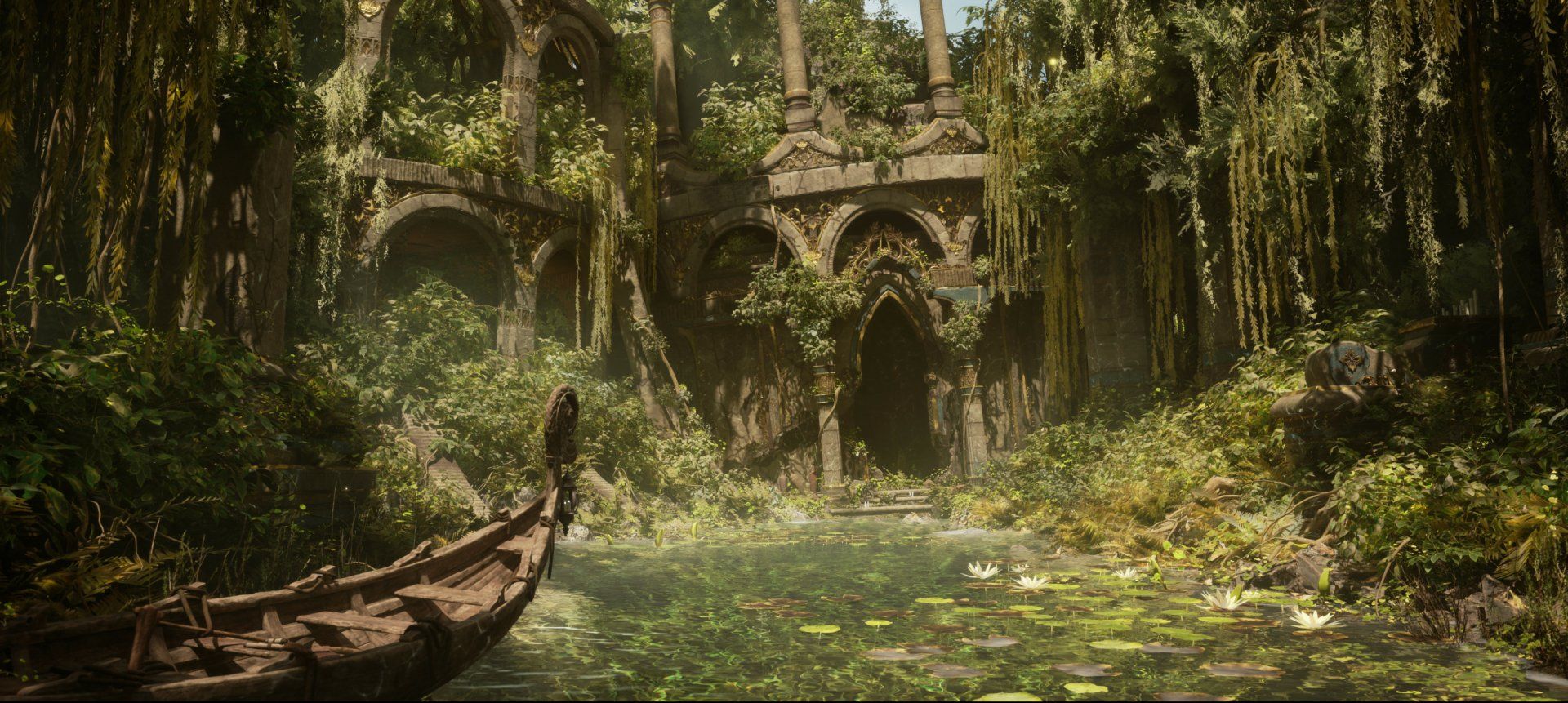 1920x861 Enchanted Ruins: A Fantasy Realm Reclaimed by Nature. HD Wallpaper