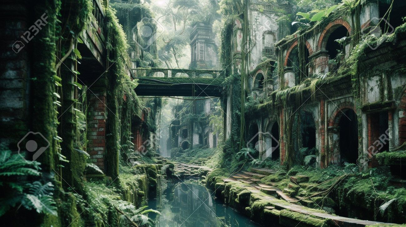 1300x728 The Ruins Of Ancient Buildings Are Overgrown With Vegetation, And Moss Covers The Ground. The Remains Of A Grand Temple Stand Tall In The Center Of The City, Hinting At The Grandeur