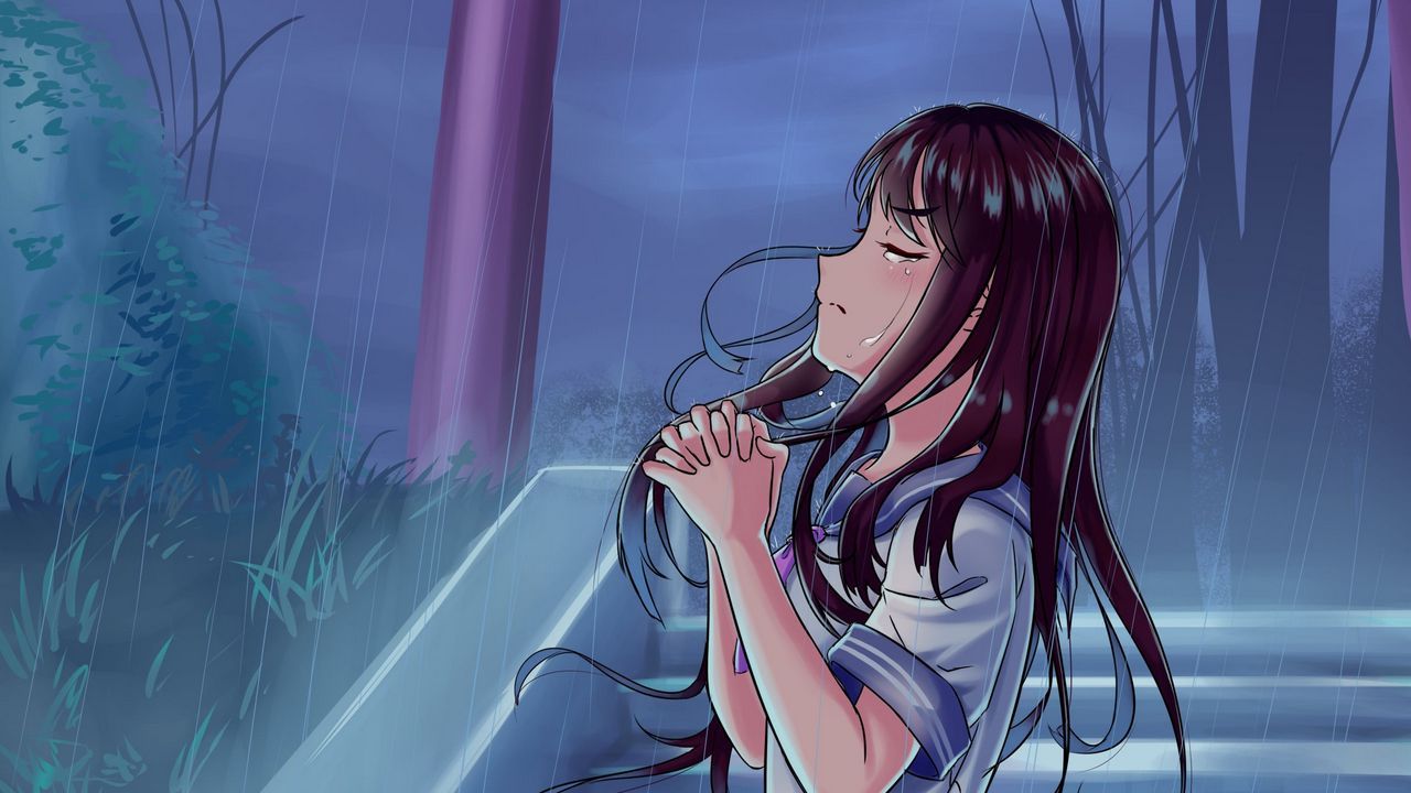 1280x720 Wallpaper girl, alone, tears, sad, rain, prayer, anime hd, picture, image
