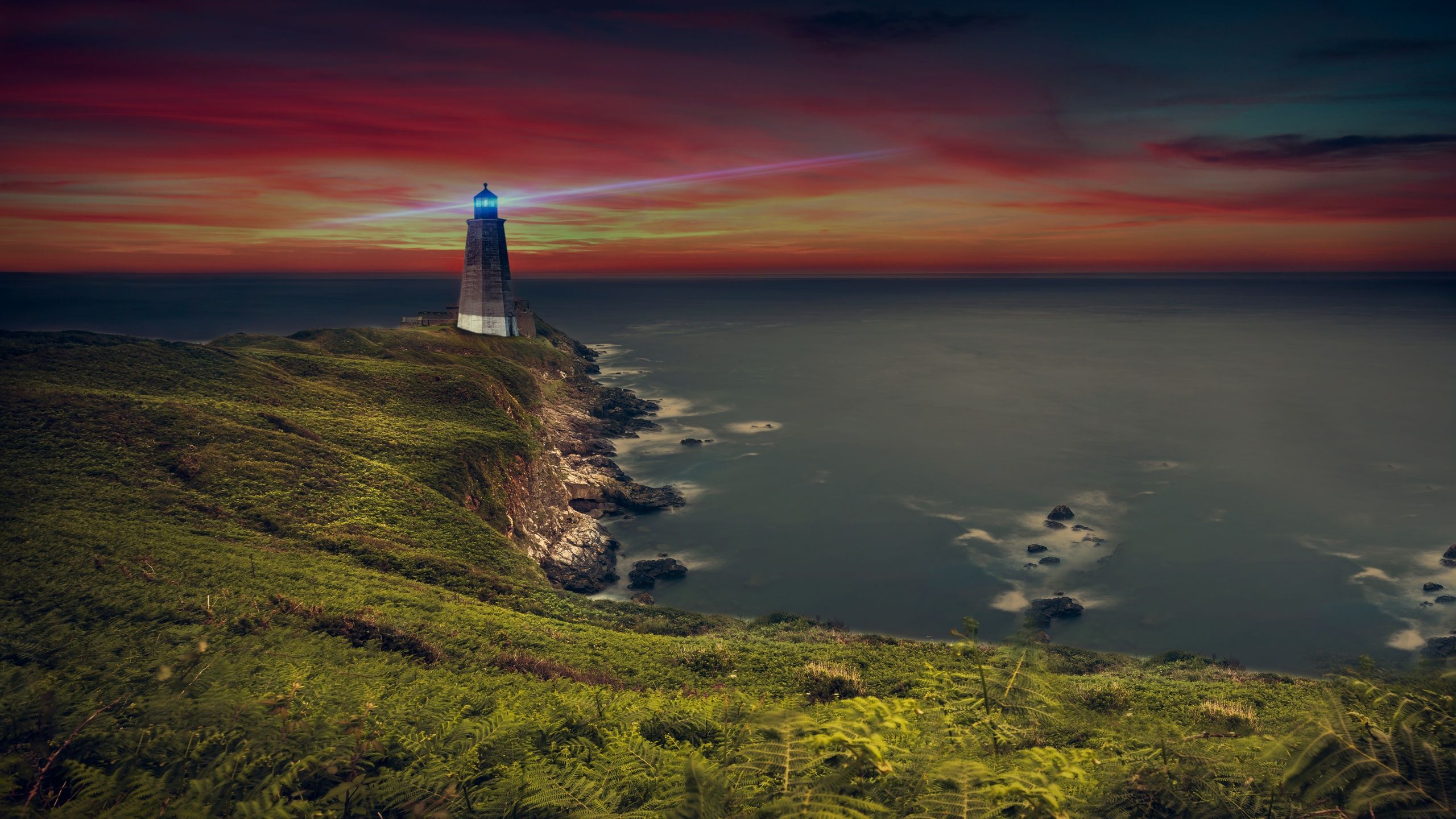 2560x1440 Lighthouse Wallpaper 4K, Coastline, Ocean, Purple sky