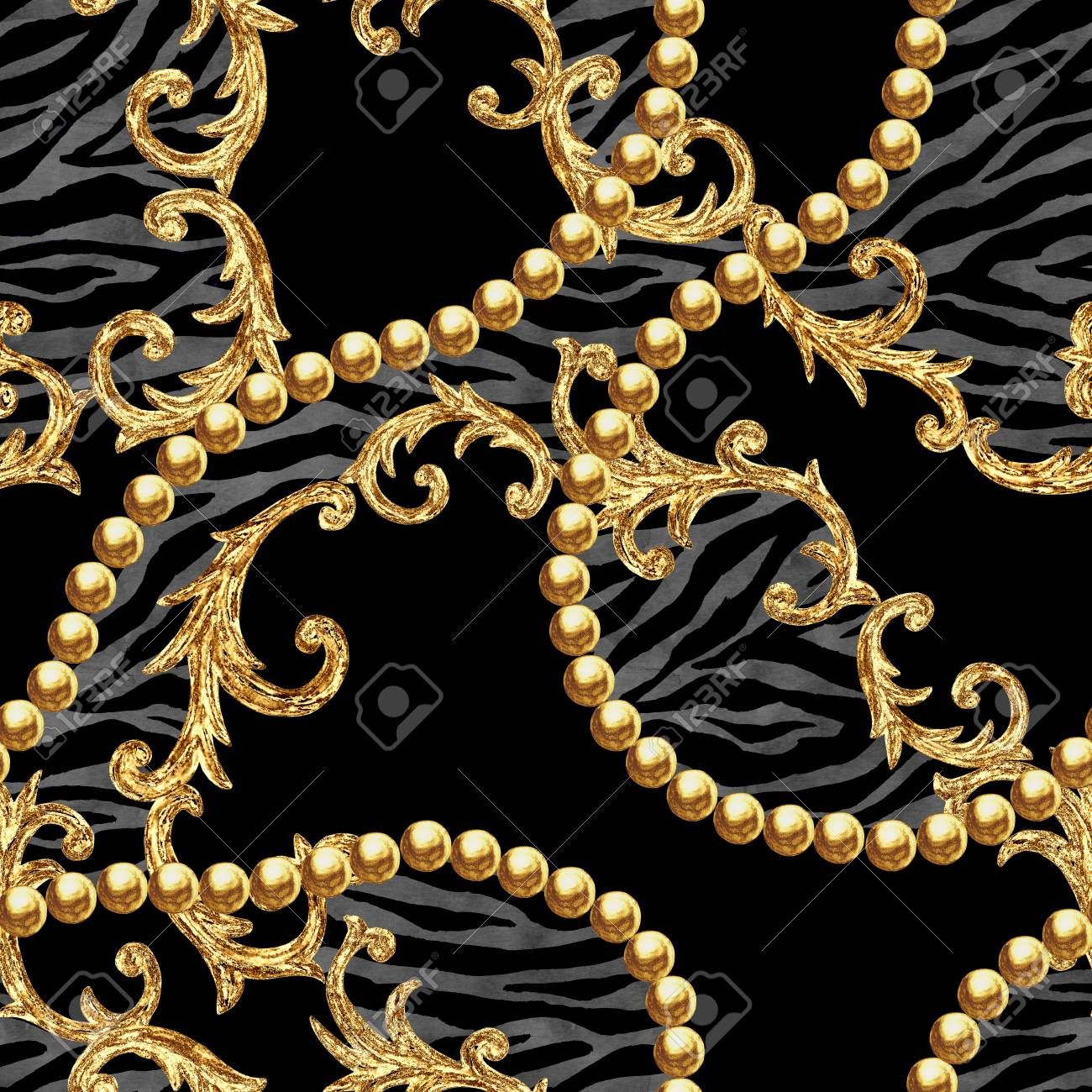 1300x1300 Golden Chain Seamless Pattern. Watercolor Hand Drawn Fashion Texture With Gold Chains And Baroque Style Elements On Zebra Striped Background. Watercolour Print For Textile, Fabric, Wallpaper, Wrapping , Picture and Royalty