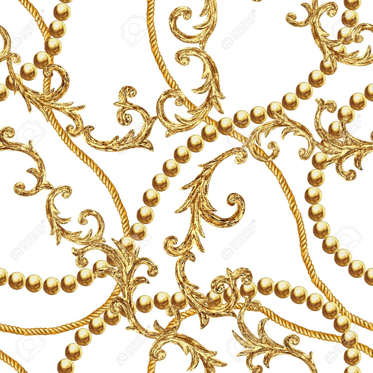 1300x1300 Golden Chain Glamour Seamless Pattern. Watercolor Hand Drawn Fashion Texture With Gold Chains And Baroque Style Elements On White Background. Watercolour Print For Textile, Fabric, Wallpaper, Wrapping , Picture and Royalty