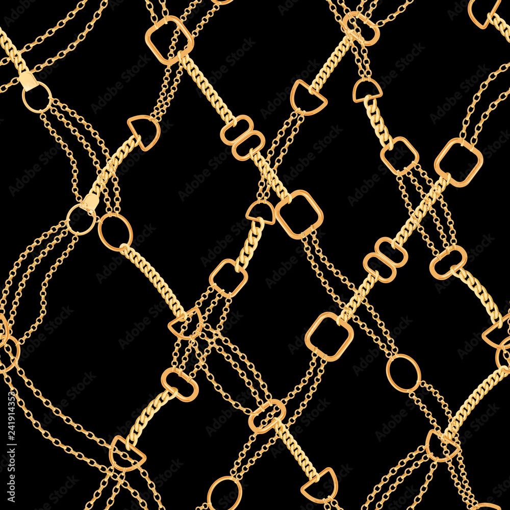 1000x1000 Vetor Golden Chains Fashion Seamless Pattern. Fabric Background with Gold Chain. Luxury Design with Jewelry Elements for Textile, Wallpaper. Vector illustration do Stock