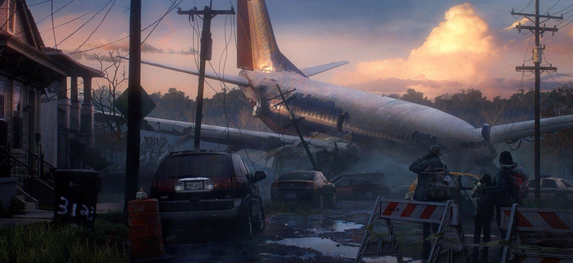 1920x884 #artwork, #apocalyptic, #aircraft, #crash, #drawing