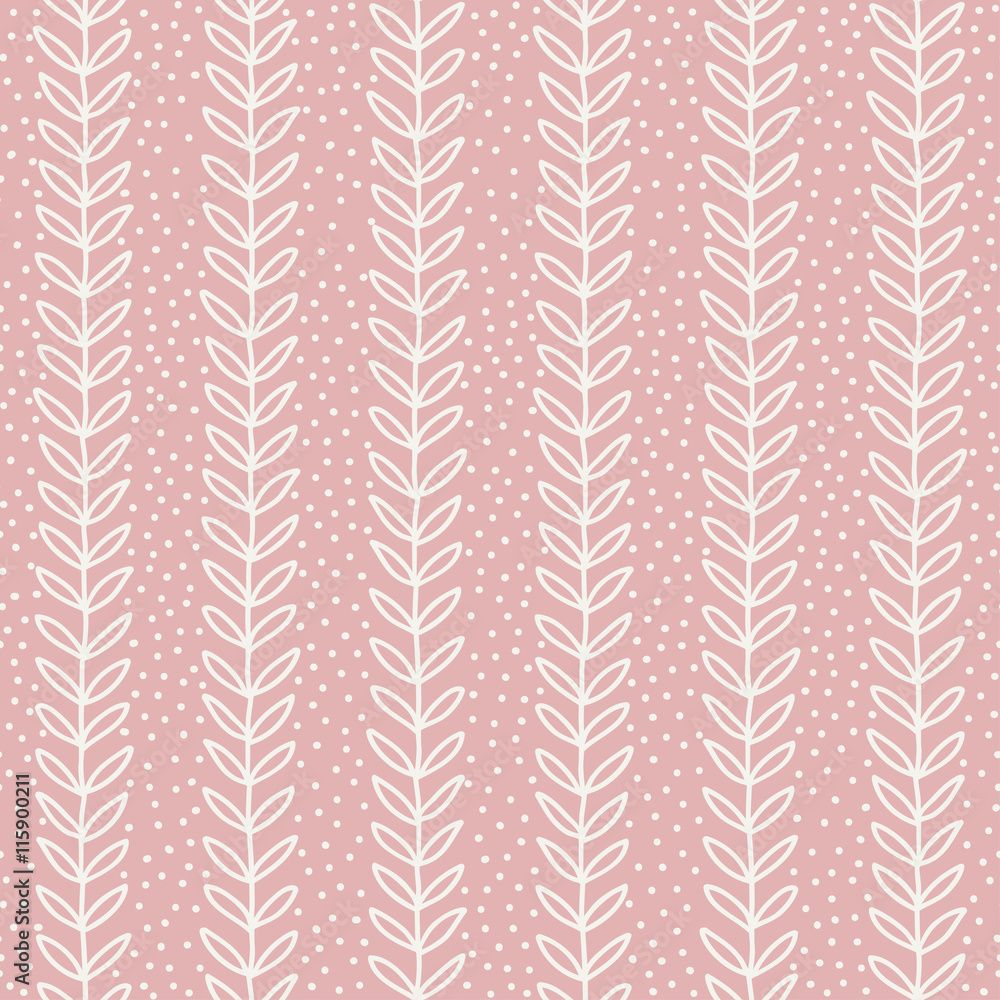 1000x1000 Simple leaf seamless pattern. Hand drawn pink background. Cute wallpaper. Vector illustration. Stock Vector