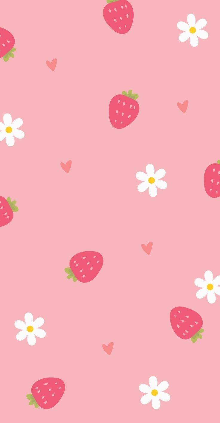 736x1416 Cute Wallpaper For Girls Feminine Girly Femme Baby Pink Strawberries And Flowers And Hearts Pattern