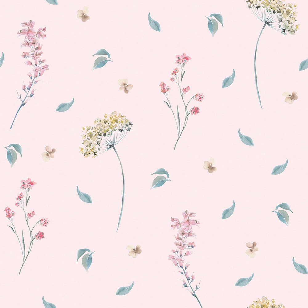 1000x1000 Sweet Meadow Wallpaper in Soft Teal on Pastel Pink
