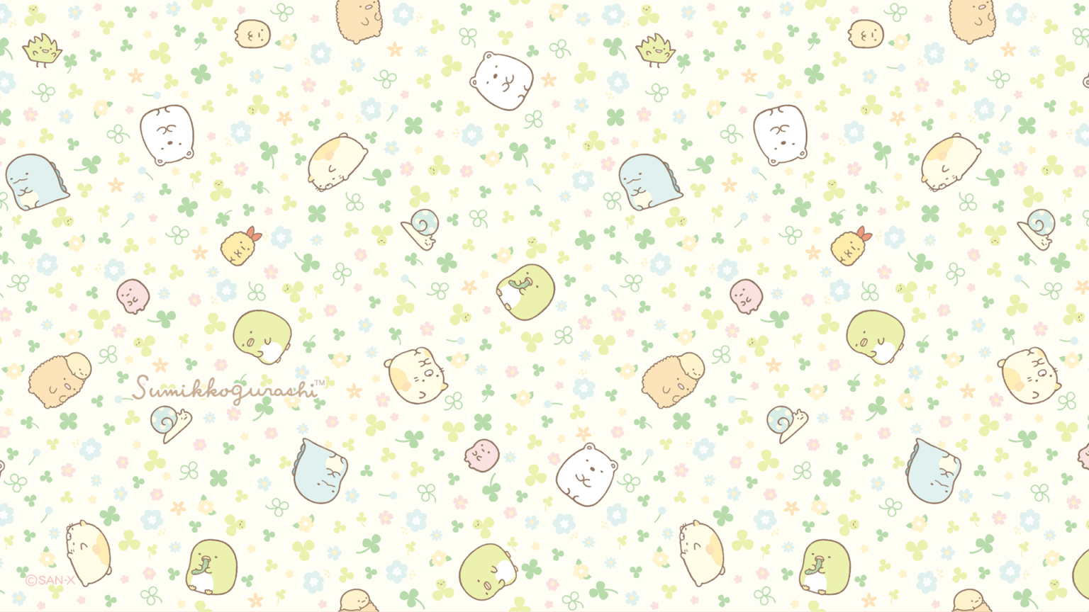 1536x864 Sumikko Gurashi Green Clover Pattern Wallpaper