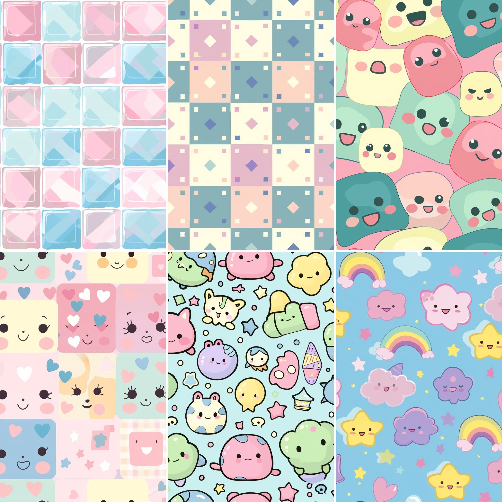 2000x2000 Pastel Kawaii Seamless Pattern Set, Cute Chibi Digital Paper Pack, Pastel Aesthetic Scrapbook Background, Kawaii Printable Design for Crafts