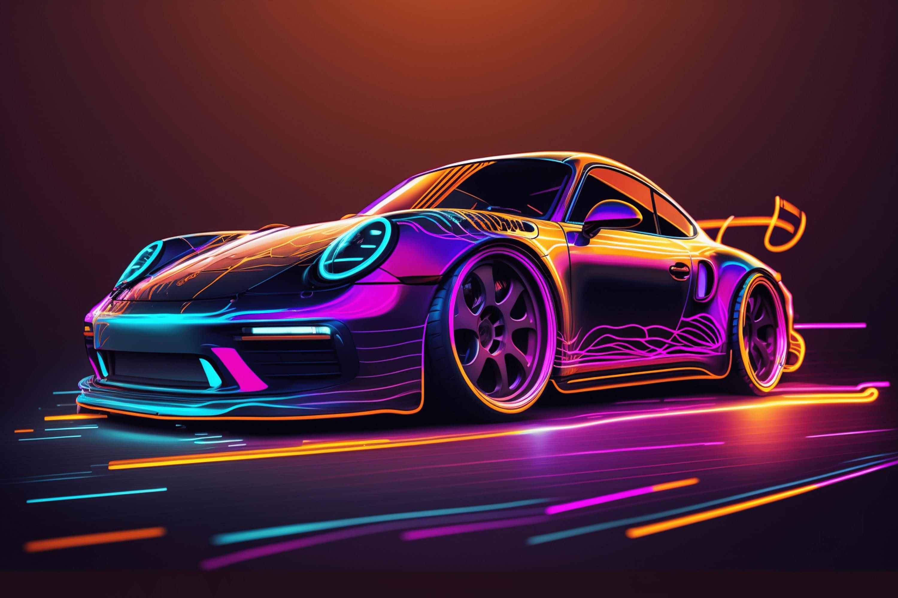 3000x2000 Neon Abstract Porsche Sports Car Art Fan Gift