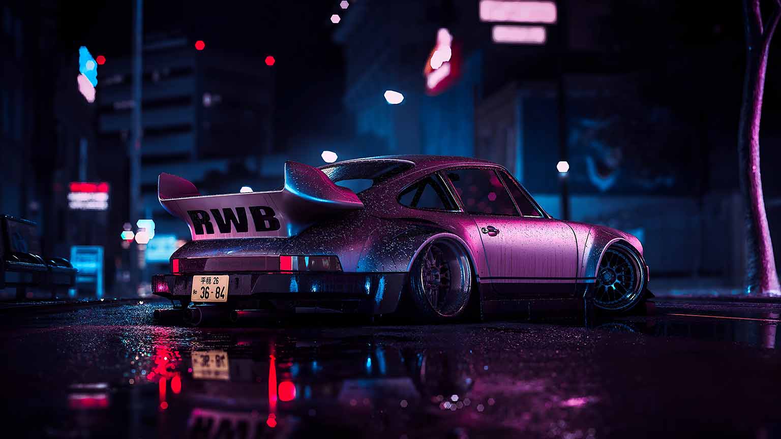 1536x864 Free RWB Porsche Neon Night Rain Desktop Wallpaper 4k