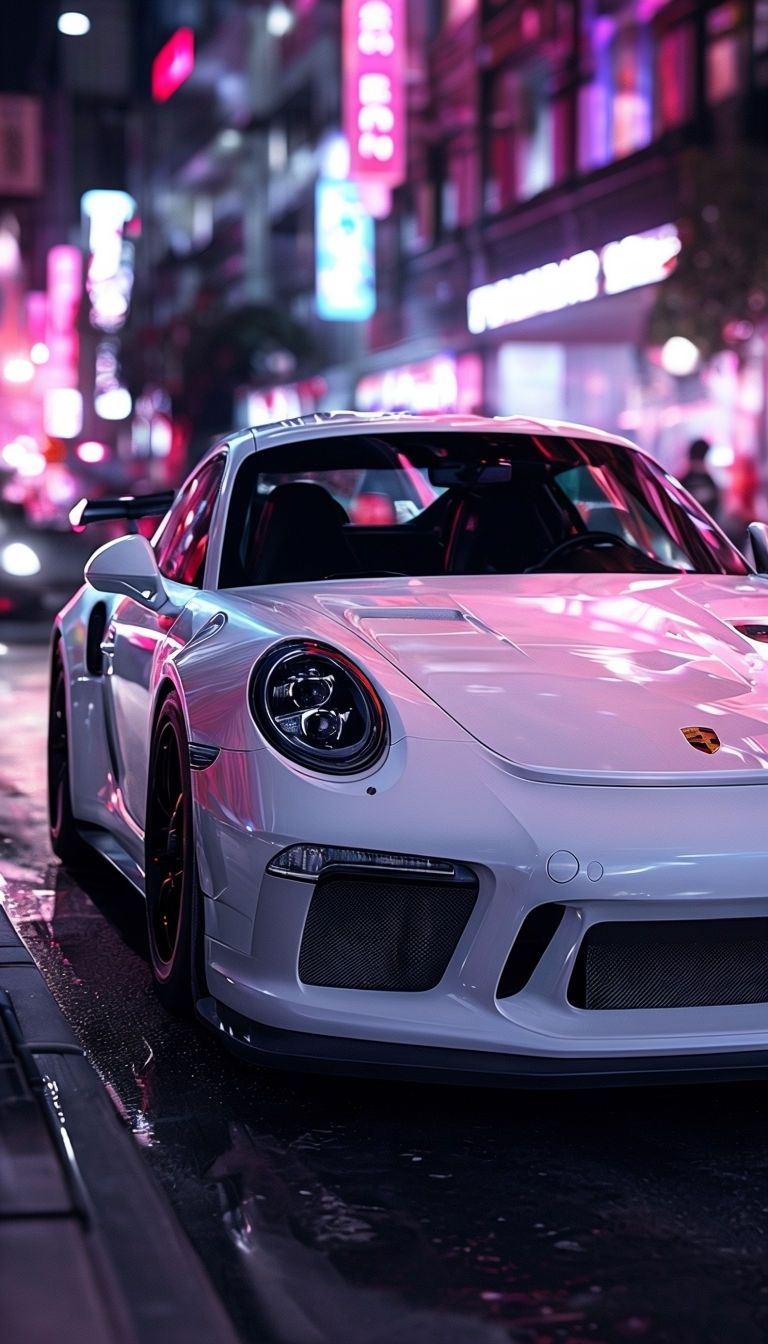 768x1344 Sleek Porsche 911 GT3 in Neon City Night Mobile Wallpaper