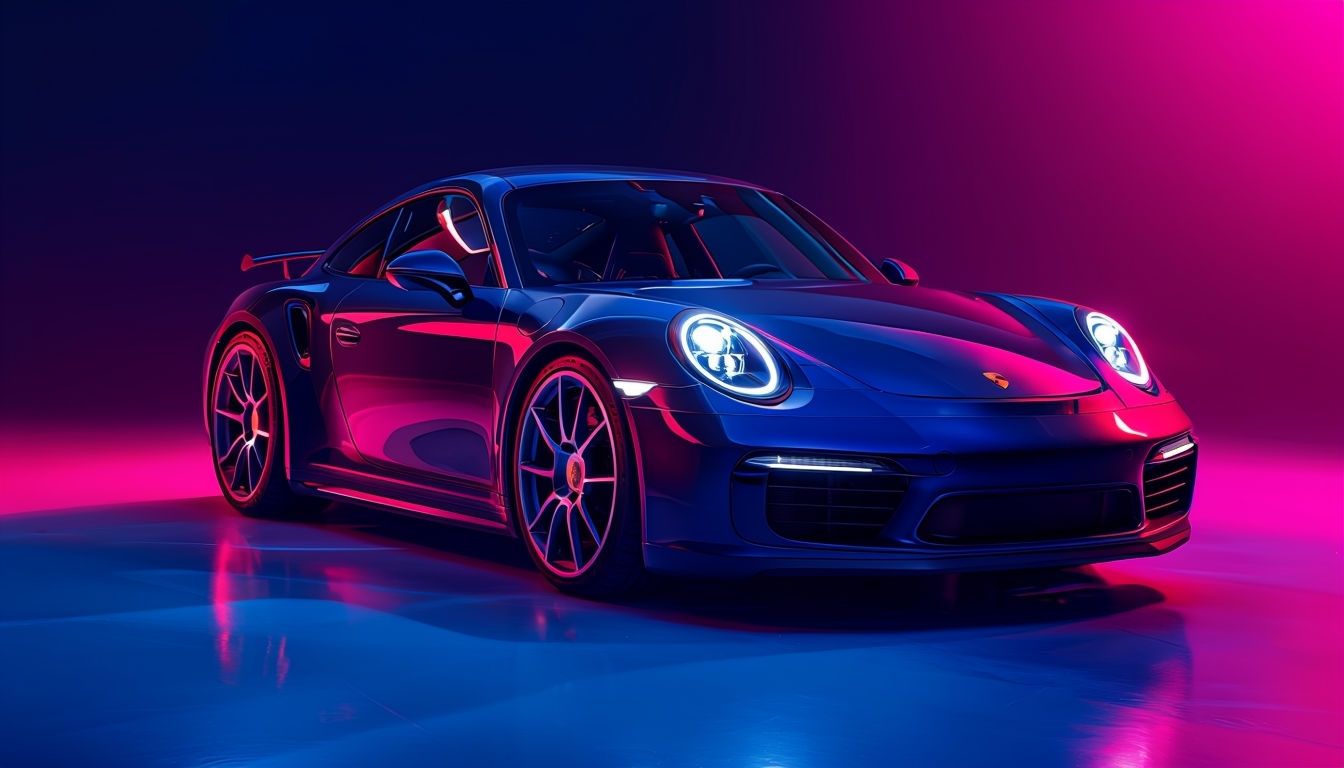1344x768 Sleek Dark Blue Porsche with Neon Lights Digital Art Background