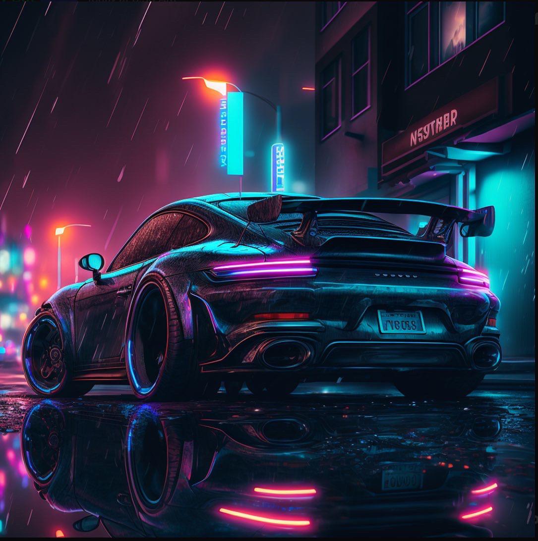 1085x1092 My first image “Black Porsche 911 Turbo under neon street lights with reflections. Cyberpunk cityscape. Ultra high def. This is awesome. Can't wait to learn more