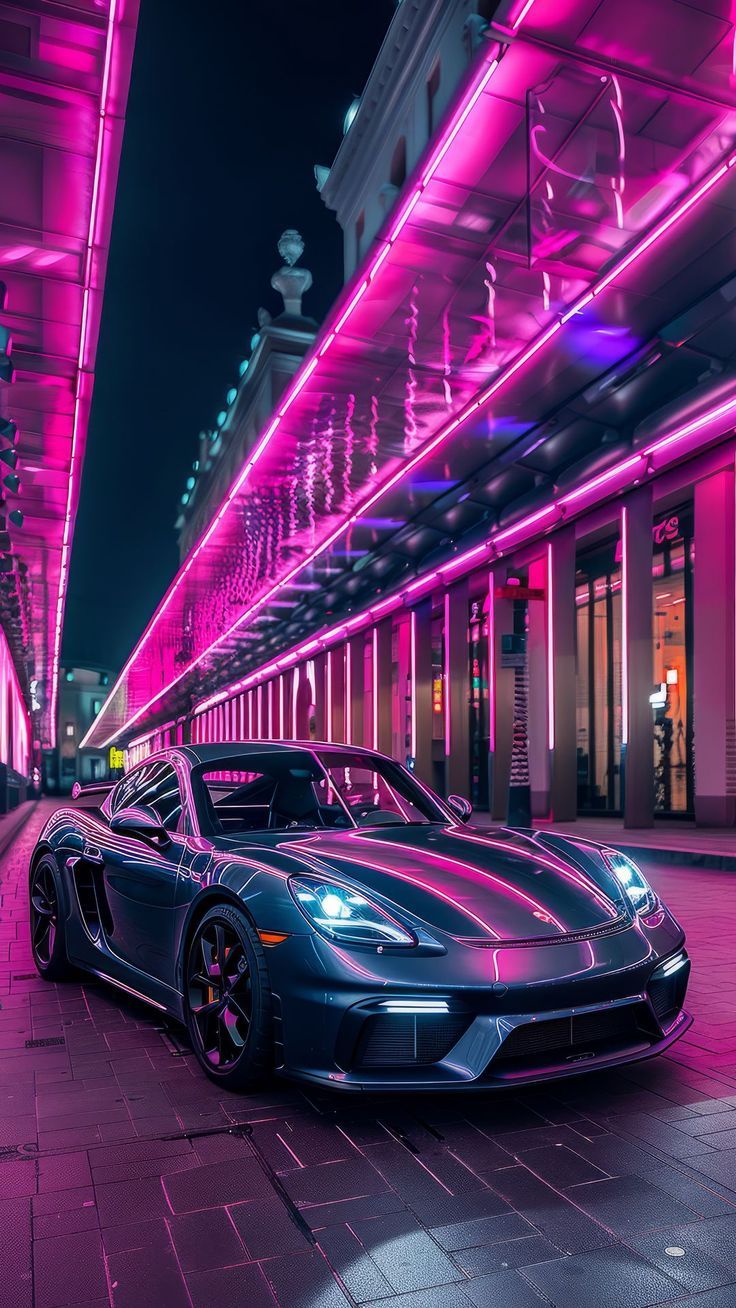 736x1308 free wallpaper 4K porsche, car, grey, street, neon, night, ai, art for mobile and desktop