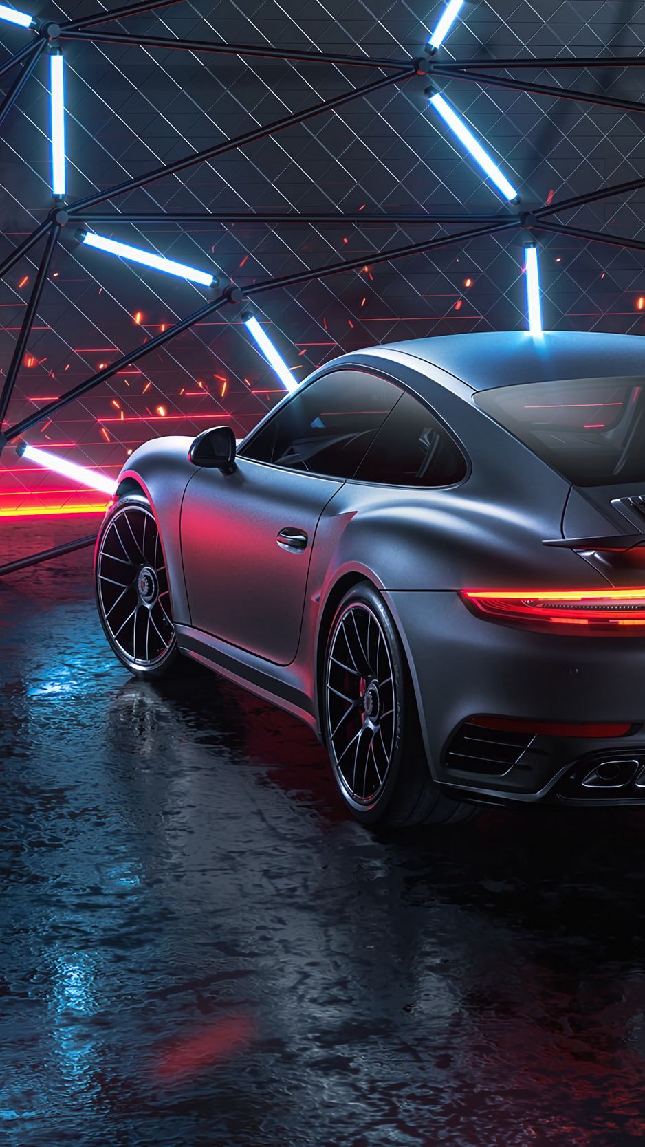 938x1668 Download Wallpaper 938x1668 Porsche 911 Turbo S, Porsche, Car, Sportscar, Gray, Neon, Night Iphone 8 7 6s 6 For Parallax HD Background