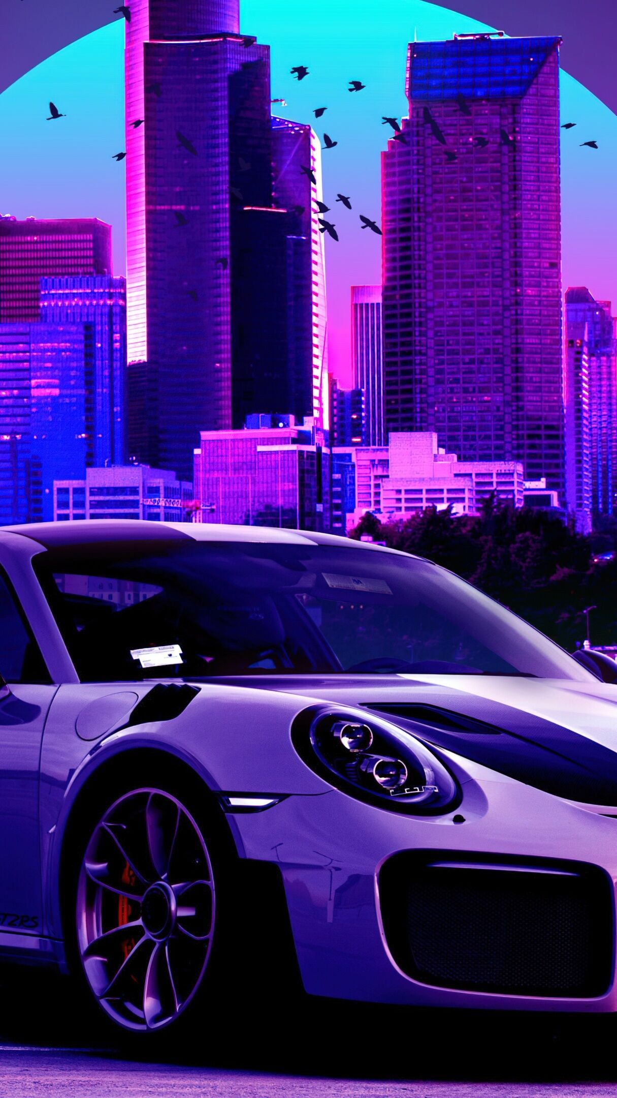 1215x2160 Neon Porsche 911 in Futuristic Skyline