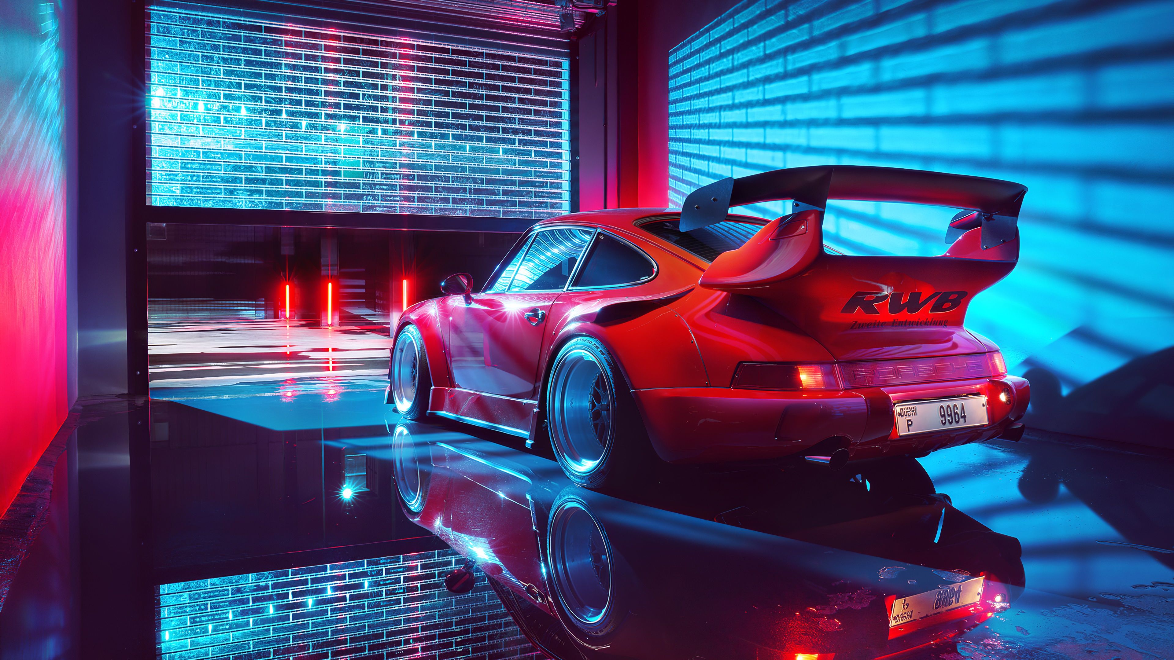 3840x2160 Red Porsche 911 RWB in Neon Glow
