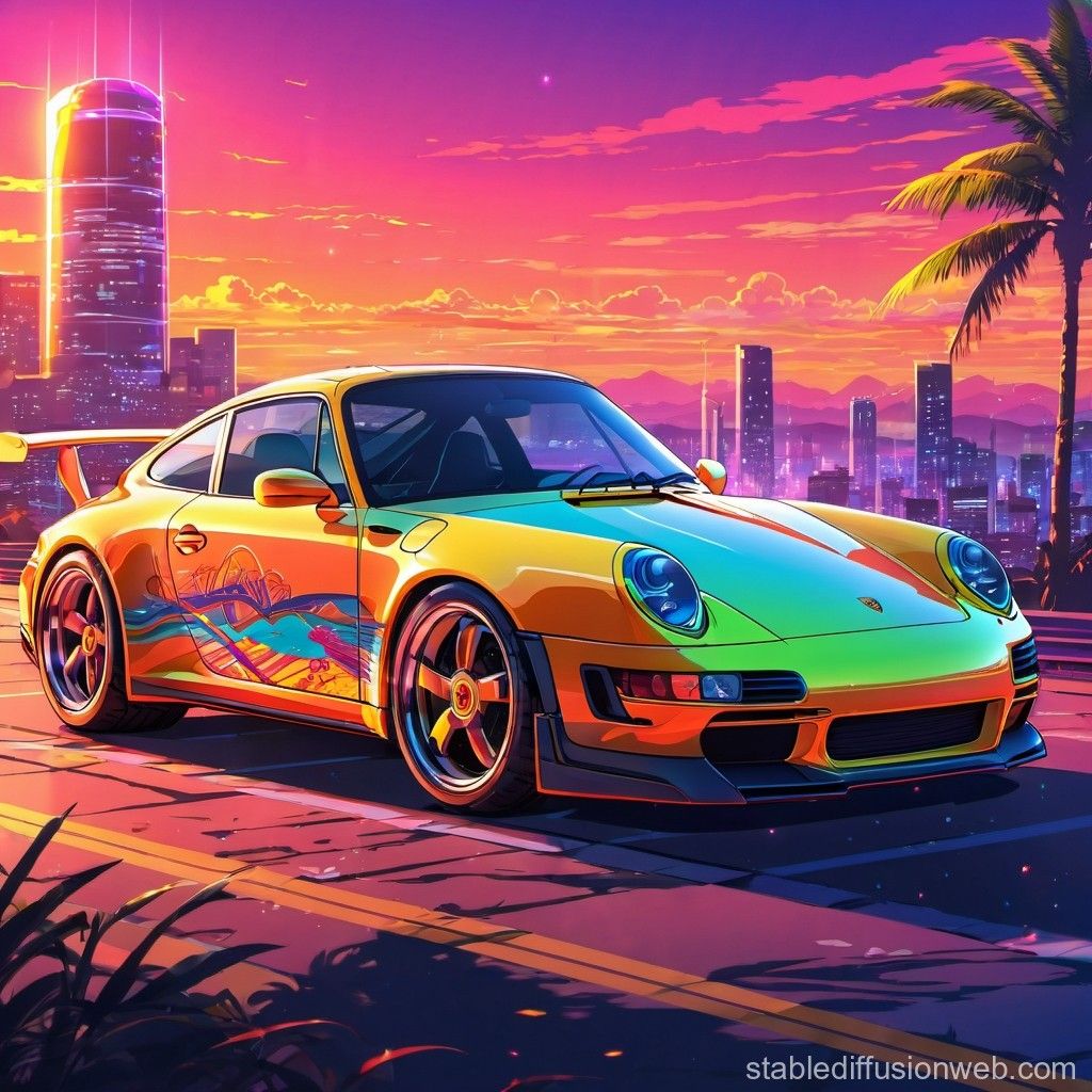 1024x1024 Neon Porsche 911 at Sunrise. Stable Diffusion Online