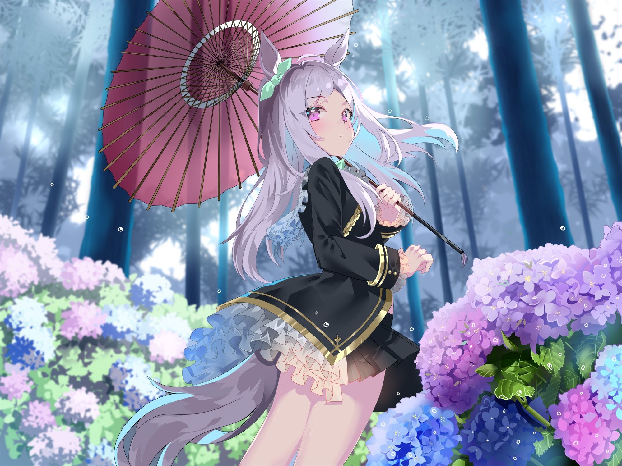 2000x1500 Wallpaper girl, trees, umbrella, hydrangea, Mejiro McQueen, by Sho, Uma Musume: Pretty Derby for mobile and desktop, section арт, resolution 2000x1500