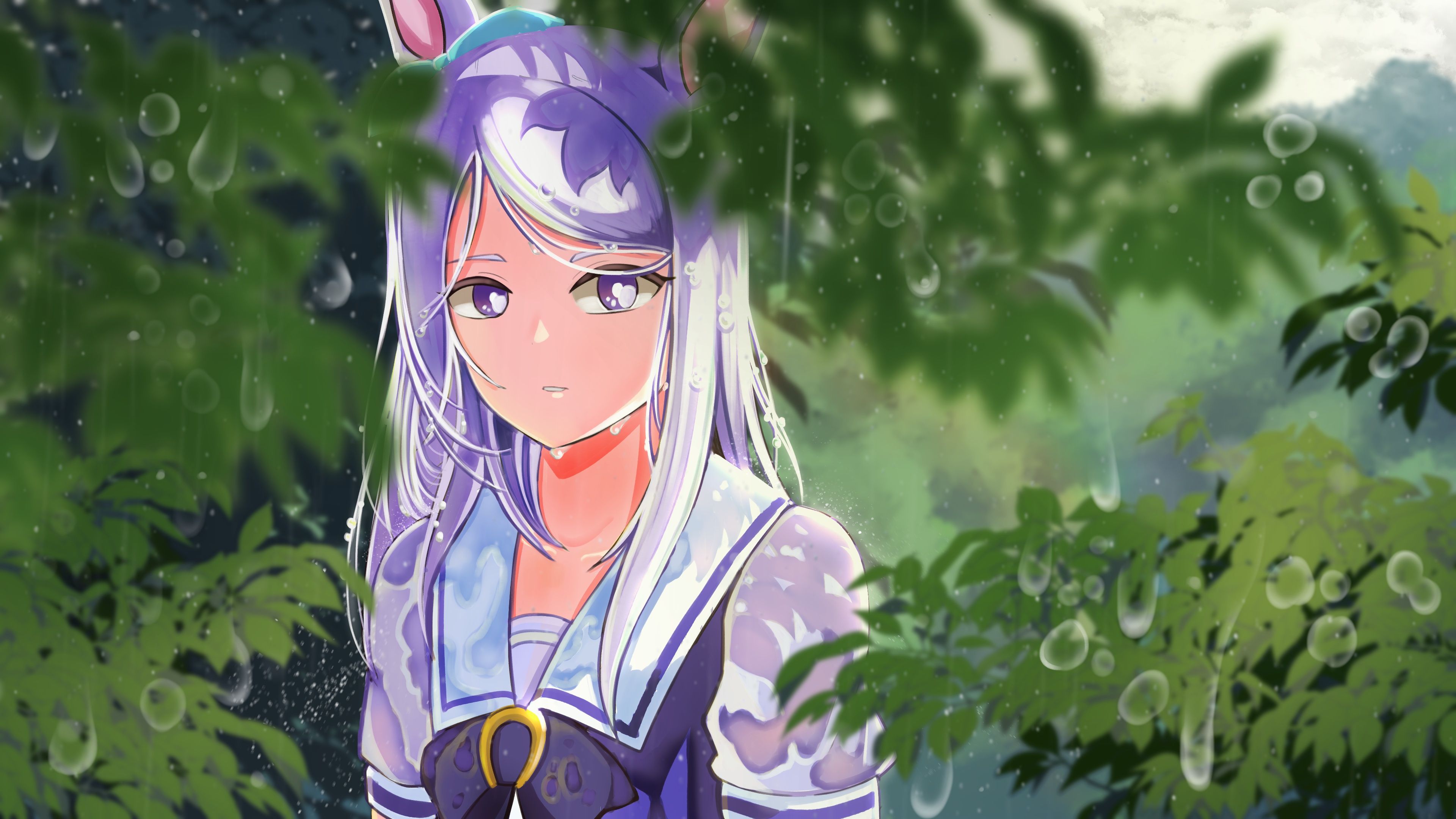 3840x2160 Wallpaper girl, trees, rain, Mejiro McQueen, Uma Musume: Pretty Derby for mobile and desktop, section арт, resolution 3840x2160