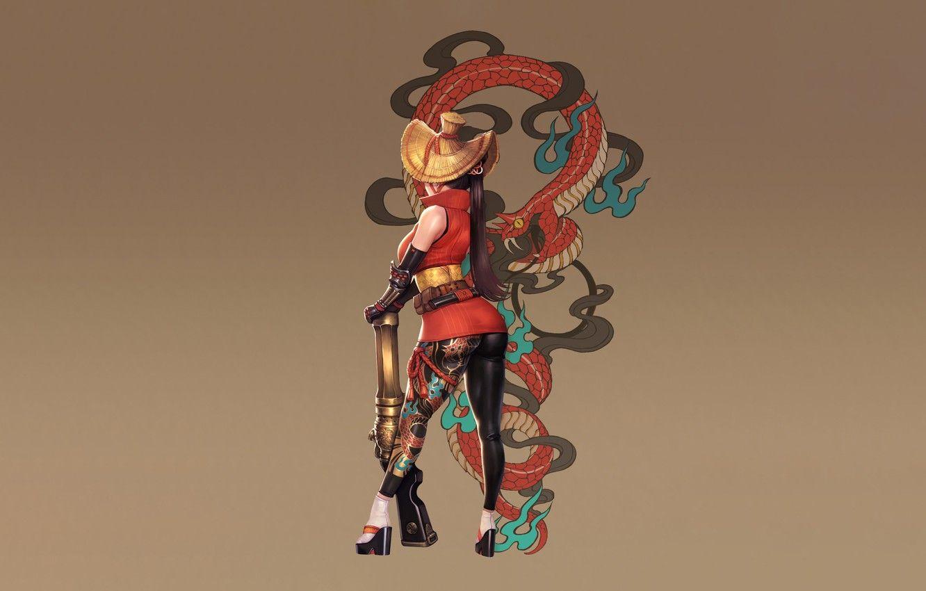1332x850 Wallpaper Girl, Japan, Fantasy, Gun, , Art, Body, Snake, Style
