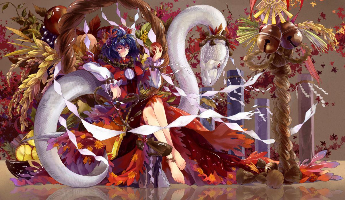 1202x700 Apple barefoot blue hair japanese clothes neko (yanshoujie) touhou