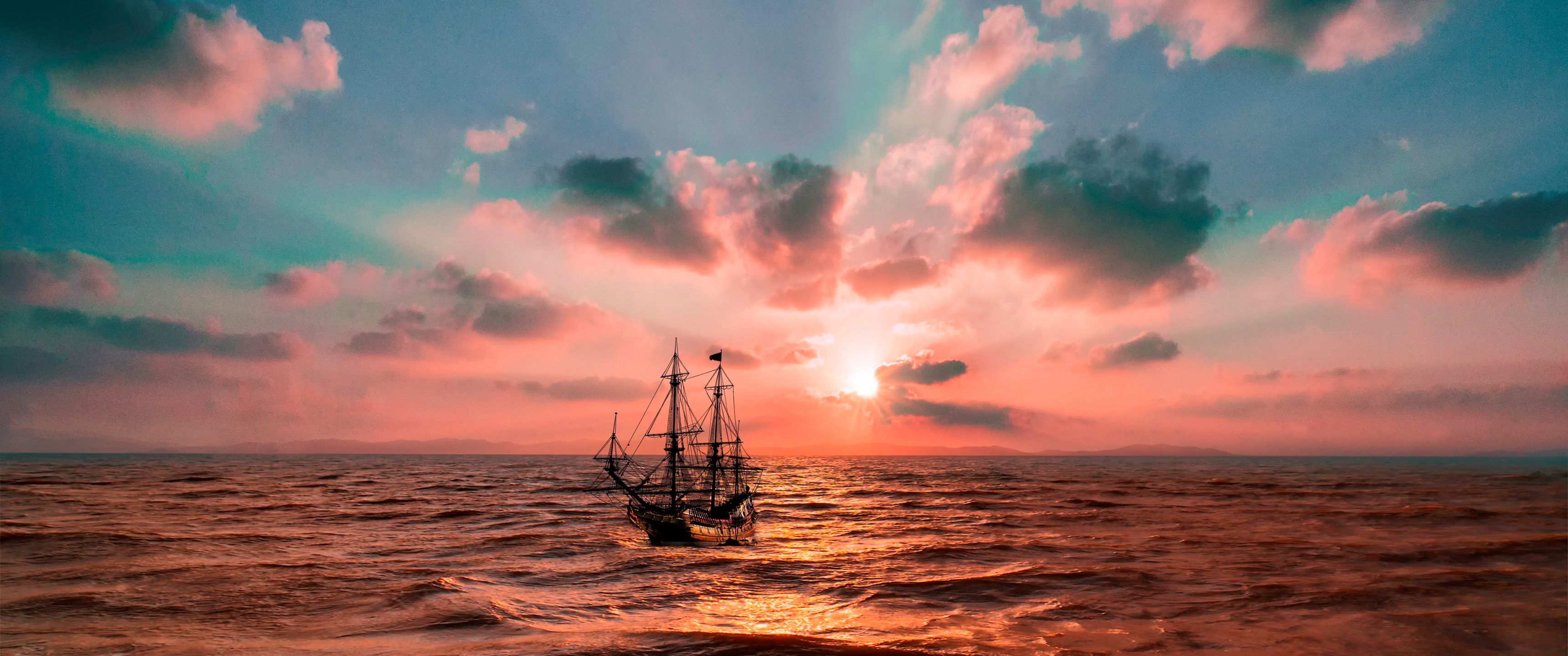 3440x1440 Sunset Wallpaper 4K, Ocean, Boat, Seascape, Dusk