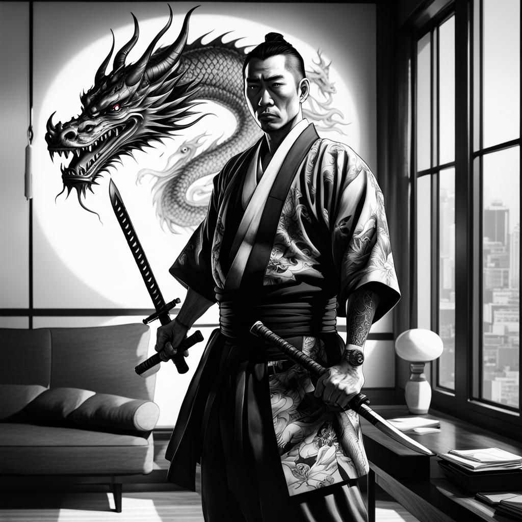 1024x1024 A Yakuza Gang Member With A Dragon Tattoo And Samurai Sword In His Hands Standing In His Japanese Style Penthouse, Modern European Ink Pain