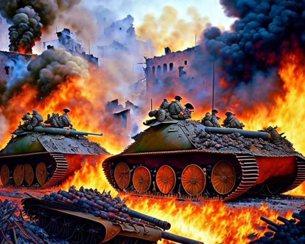 1000x800 image of detailed decorative art colored, Second world war, battle in destroyed burning town, dying soldiers, fores, smoke, explo. Deep Dream Generator