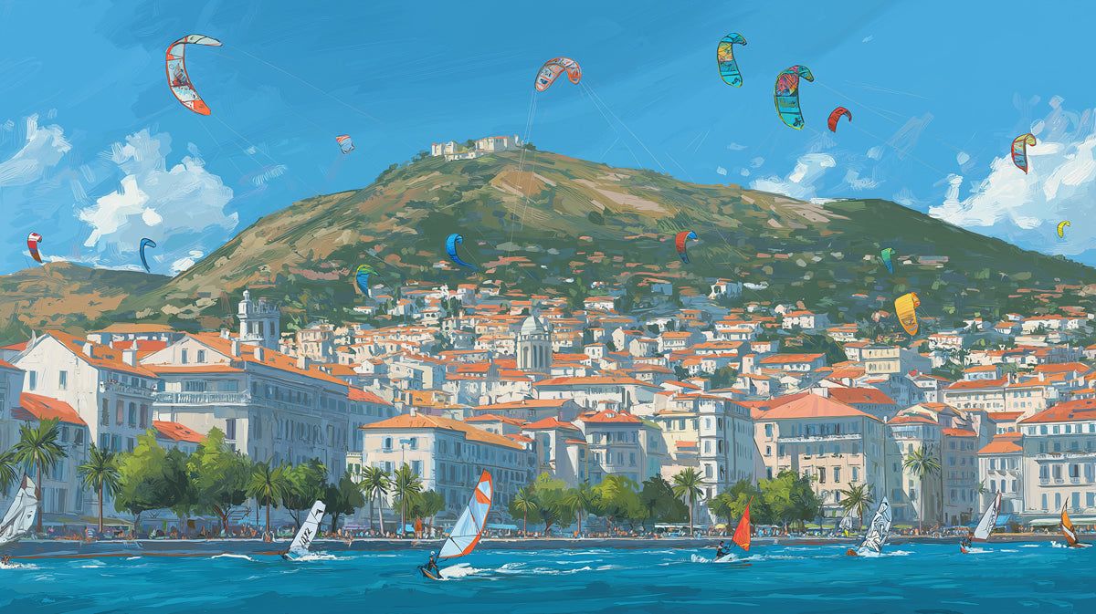 1200x673 Mediterranean Coastal Town Mural Wallpaper. Hillside Village, Tile Roofs, Colorful Kite Scene