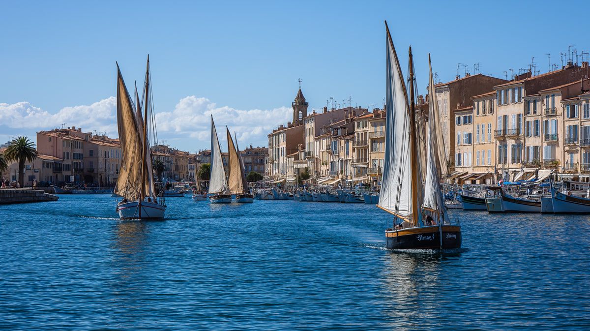 1200x673 Mediterranean Harbor Sailboat Wallpaper. Sunny Coastal Town Mural