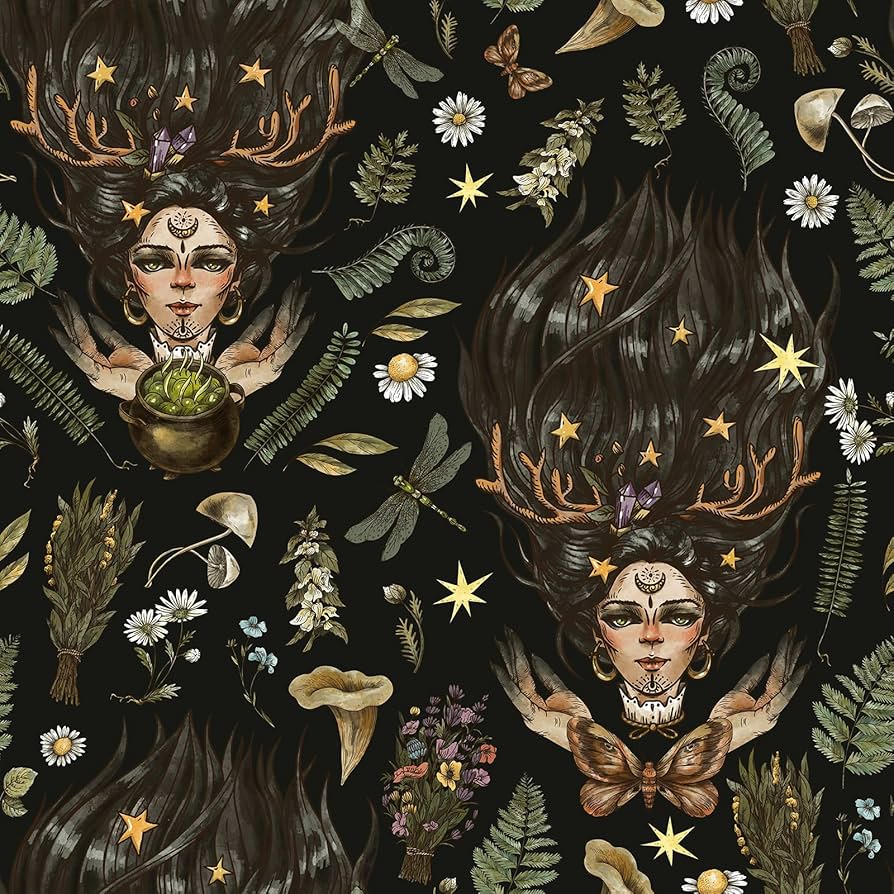 894x894 VEELIKE Black Whimsical Witch Wallpaper Peel and Stick Vintage Floral Wallpaper for Bedroom Accent Wall Renters 17.7''x118'' Removable Botanical Wall Paper Self Adhesive Contact Paper for Cabinets