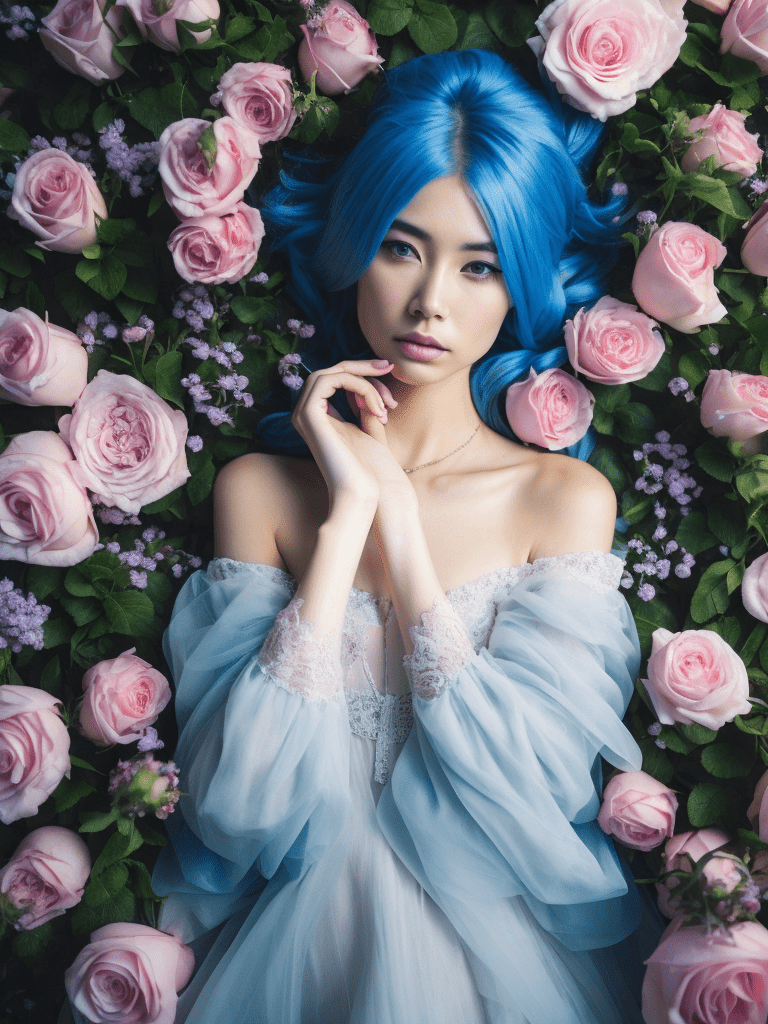 768x1024 Premium Free ai Image. desktop HD wallpaper flower rose dress model women blue eyes blue hair long hair lying down free download background picture human laying in flowers top view cinematic