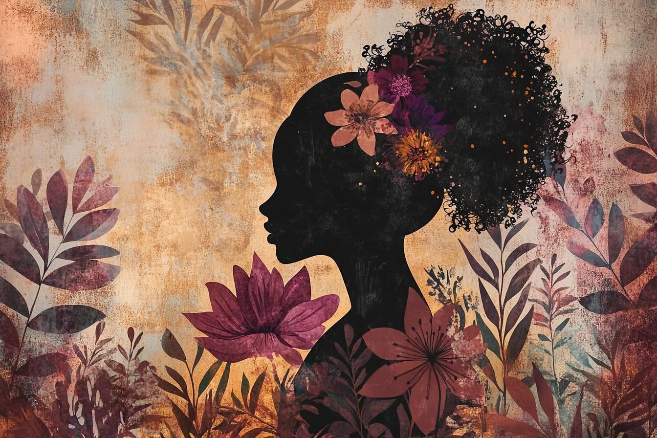 1344x896 Free picture: Silhouette of an African woman with flowers in hair, an abstract background in a modern Boho style with pastel earthy tones