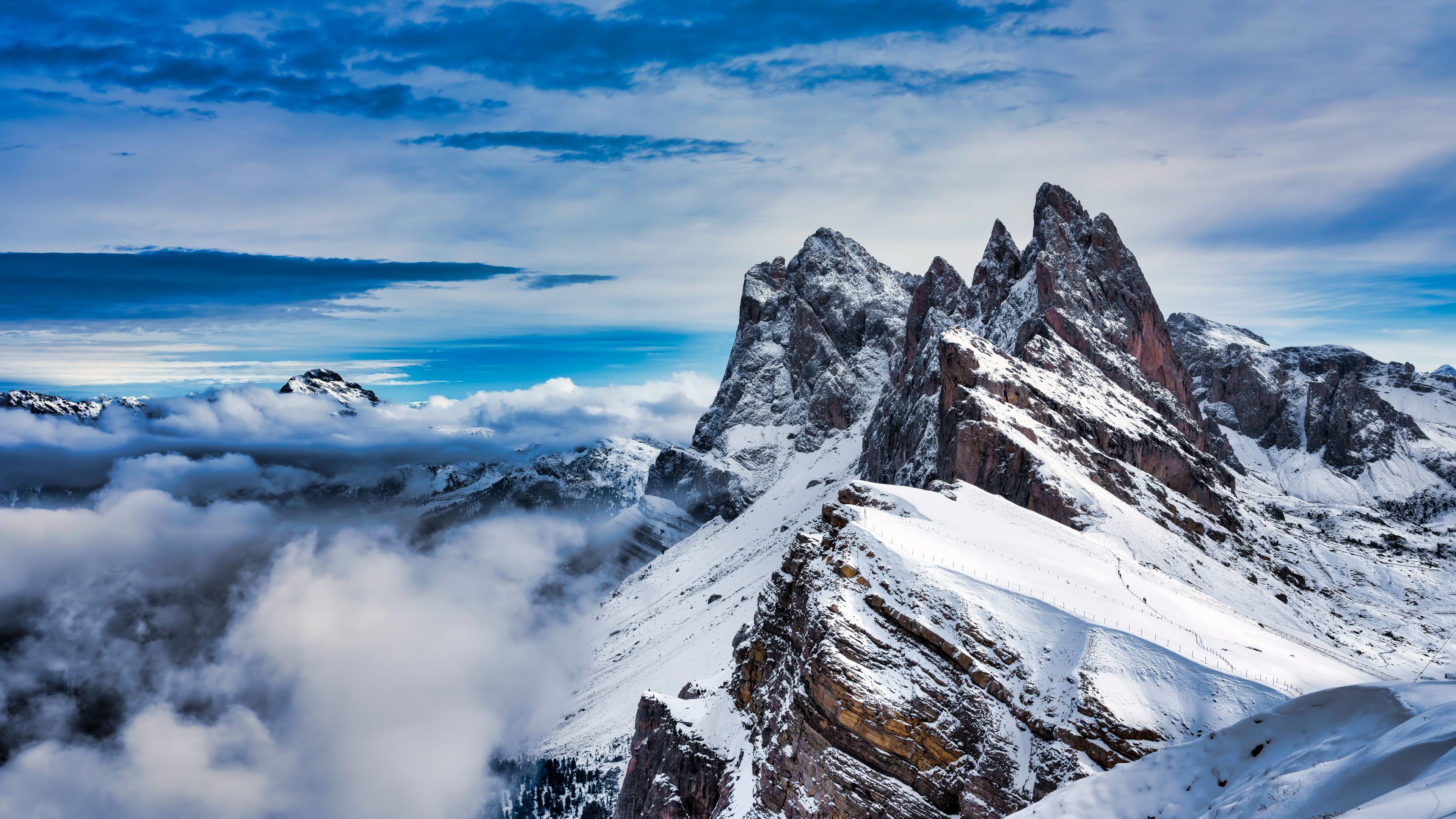 3840x2160 Seceda Mountain Wallpaper 4K, Winter, Peak, Alps mountains