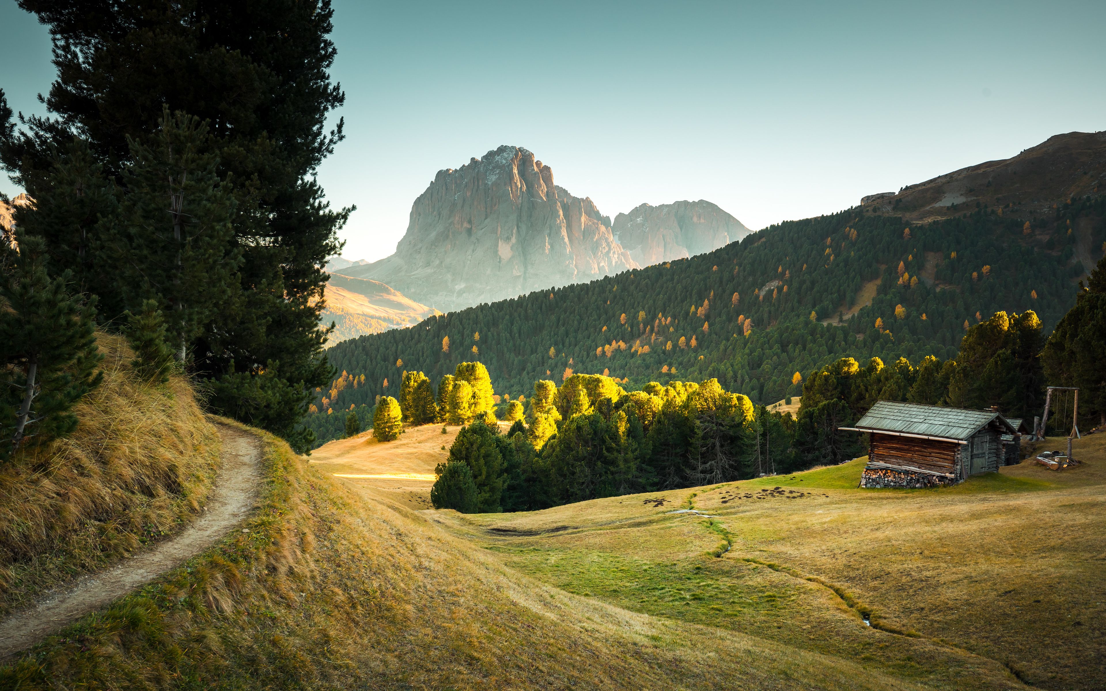 3840x2400 Seceda Mountain Wallpaper 4K, Italy, Wooden House, Pathway