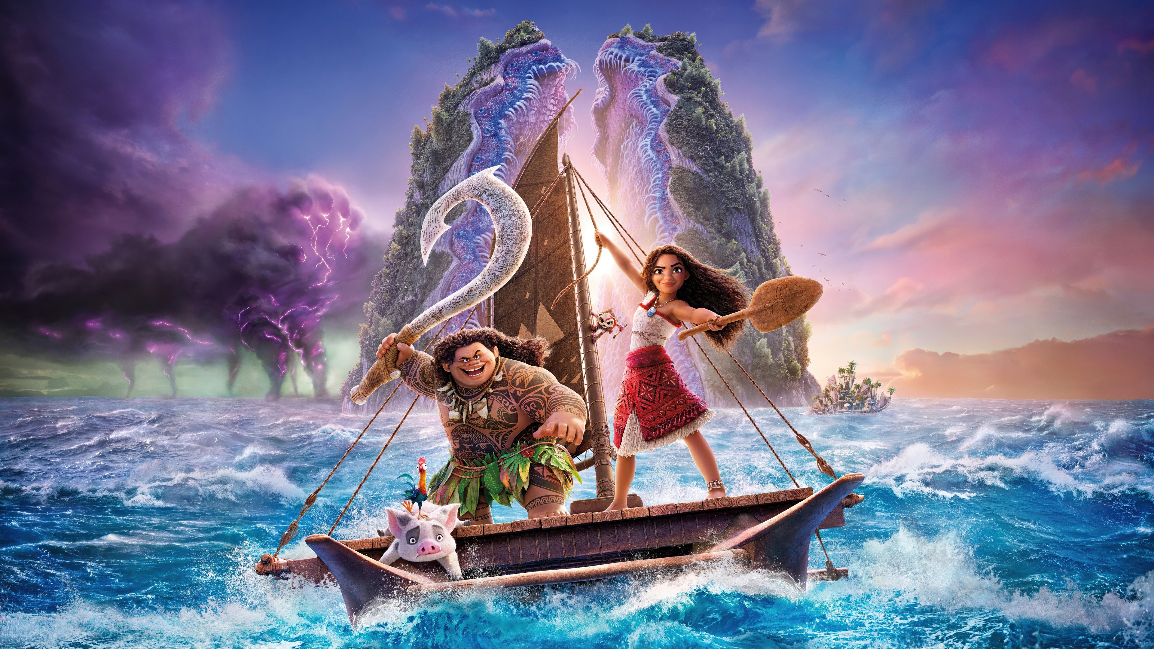 3840x2160 Moana 2 Character Moana Maui Heihei Pau Wallpaper 4K HD PC b